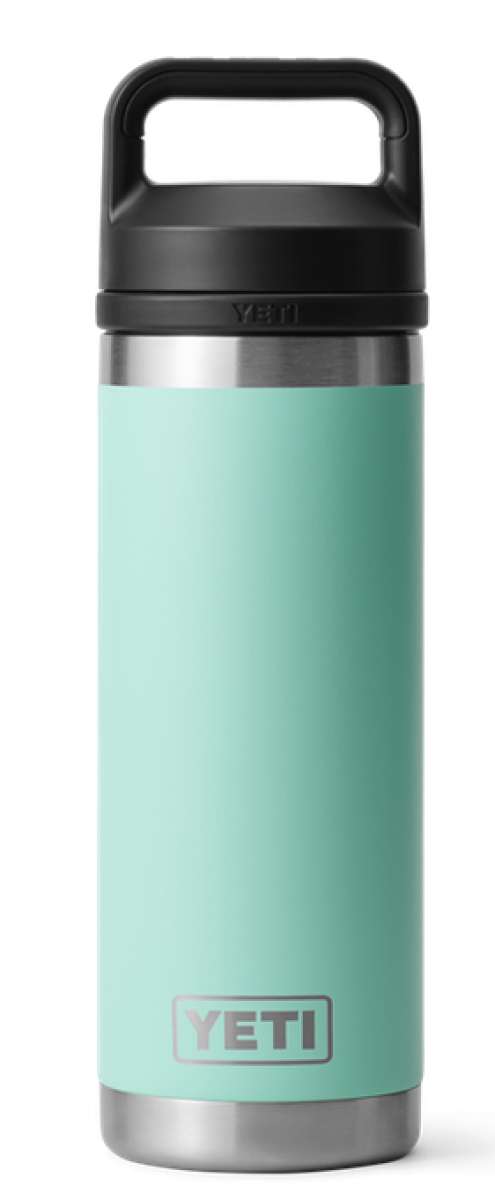 Yeti Rambler 18 oz. Water Bottle With Chug Cap - A stainless steel water bottle with a chug cap, featuring a brushed finish and a handle on top.