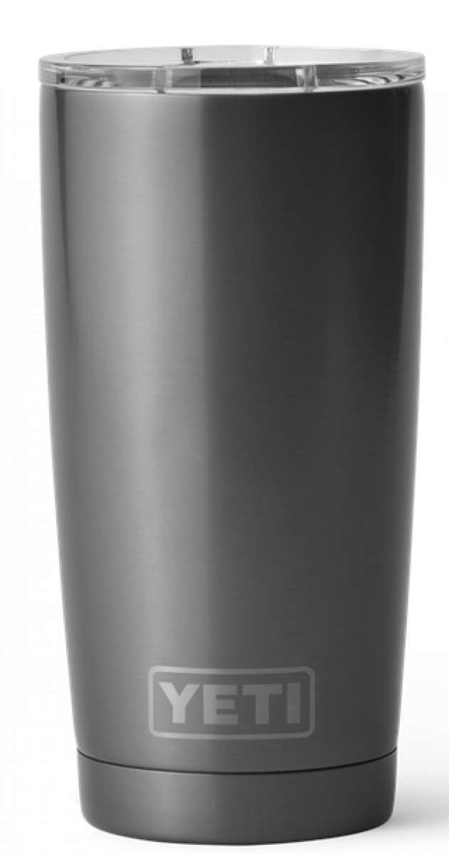 Yeti Rambler 20 oz. Tumbler with Magslider Lid - A stainless steel tumbler with a clear lid and a silver-colored MagSlider lid on top.