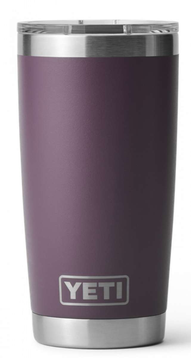 Yeti Rambler 20 oz. Tumbler with Magslider Lid - A stainless steel tumbler with a silver lid and a sliding closure mechanism.
