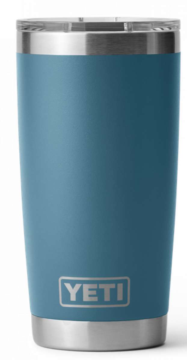Yeti Rambler 20 oz. Tumbler with Magslider Lid - A stainless steel tumbler with a silver lid and a sliding closure mechanism.