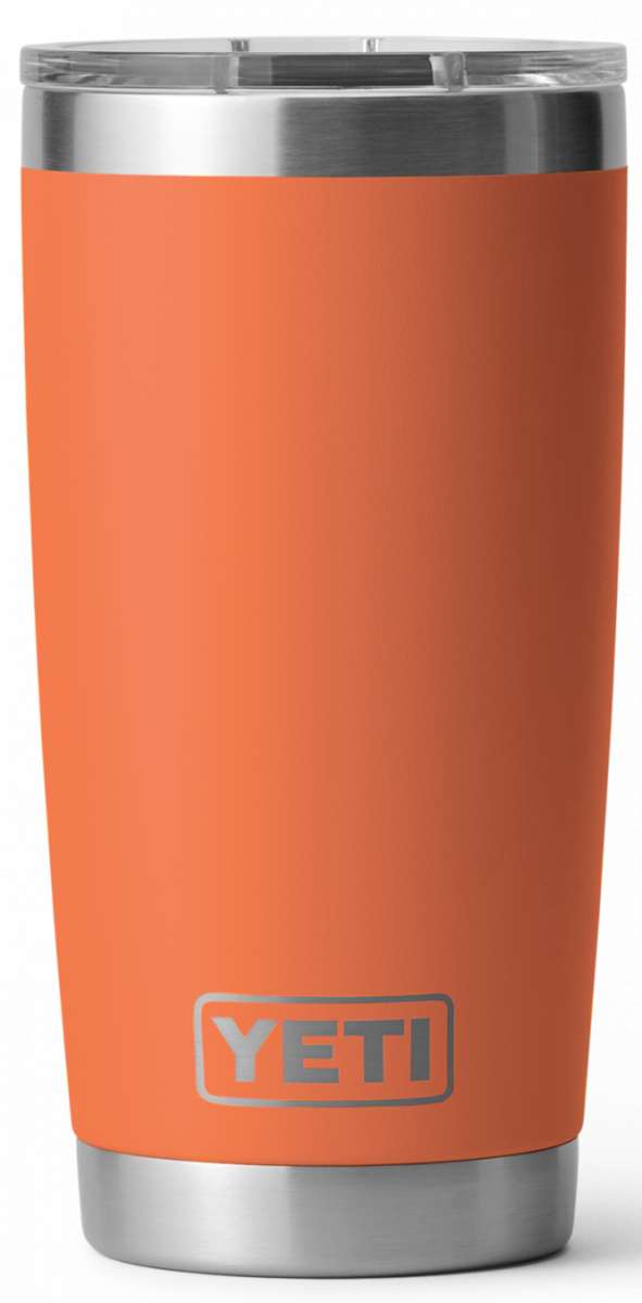 Yeti Rambler 20 oz. Tumbler with Magslider Lid - A stainless steel tumbler with a silver lid and a sliding closure mechanism.