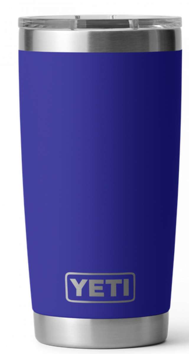 Yeti Rambler 20 oz. Tumbler with Magslider Lid - A stainless steel tumbler with a silver lid and a sliding closure mechanism.