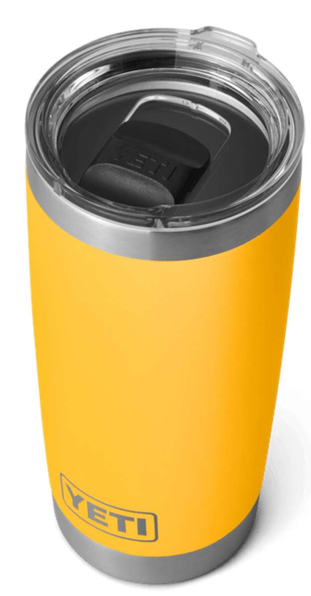 Yeti Rambler 20 oz. Tumbler with Magslider Lid - A stainless steel tumbler with a clear lid and black slider.