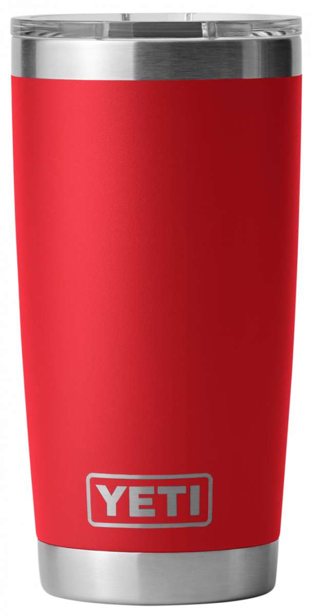 Yeti Rambler 20 oz. Tumbler with Magslider Lid - A red tumbler with a silver lid and a sliding closure mechanism on top.