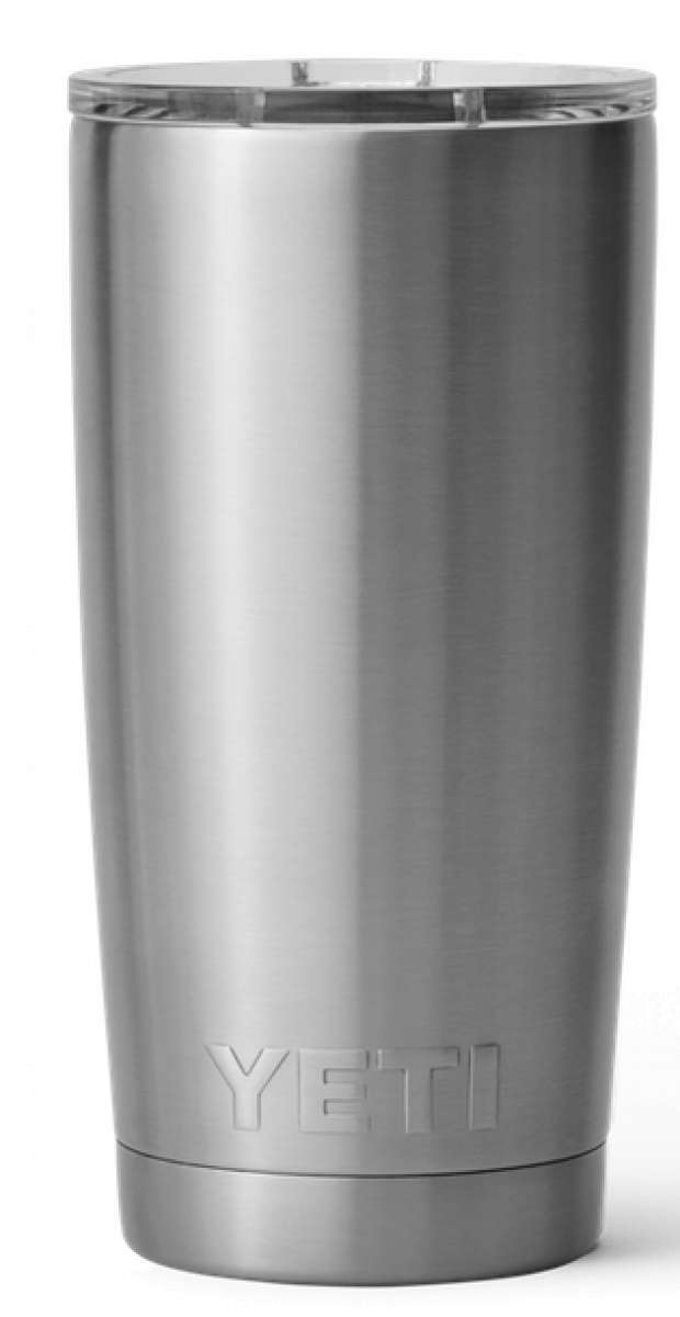 Yeti Rambler 20 oz. Tumbler with Magslider Lid - A stainless steel tumbler with a clear lid and a silver MagSlider lid on top.