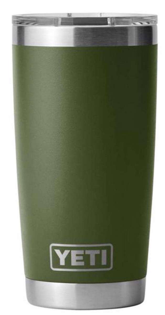 Yeti Rambler 20 oz. Tumbler with Magslider Lid - A stainless steel tumbler with a silver lid and a sliding closure mechanism.