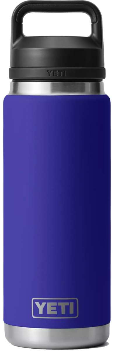 Yeti Rambler 26 oz. Bottle With Chug Cap - A stainless steel water bottle with a black chug cap and handle on top.