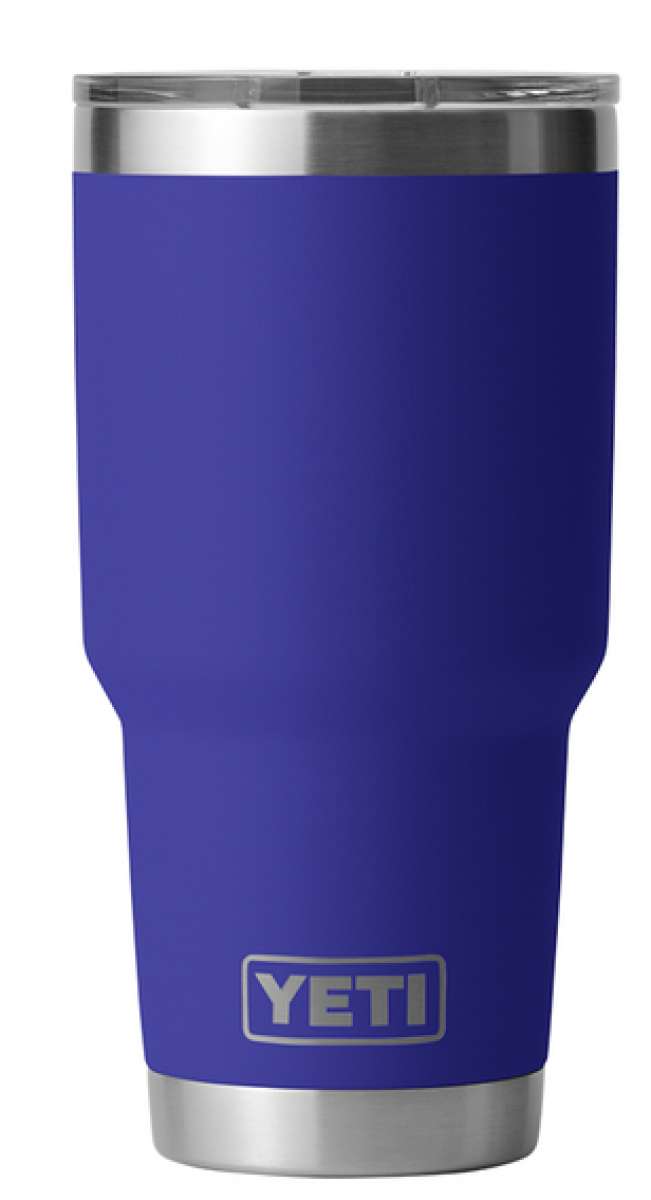 Yeti Rambler 30 oz. Tumbler with Magslider Lid - A stainless steel tumbler with a silver lid and a sliding closure mechanism.