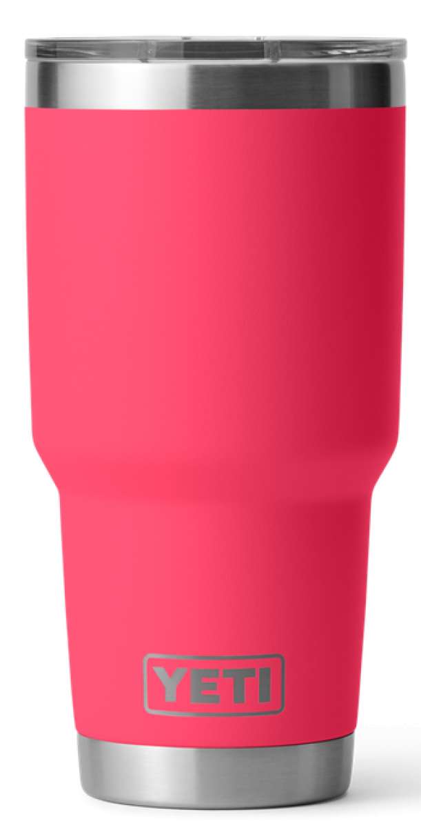 Yeti Rambler 30 oz. Tumbler with Magslider Lid - A stainless steel tumbler with a silver lid and a sliding closure mechanism.