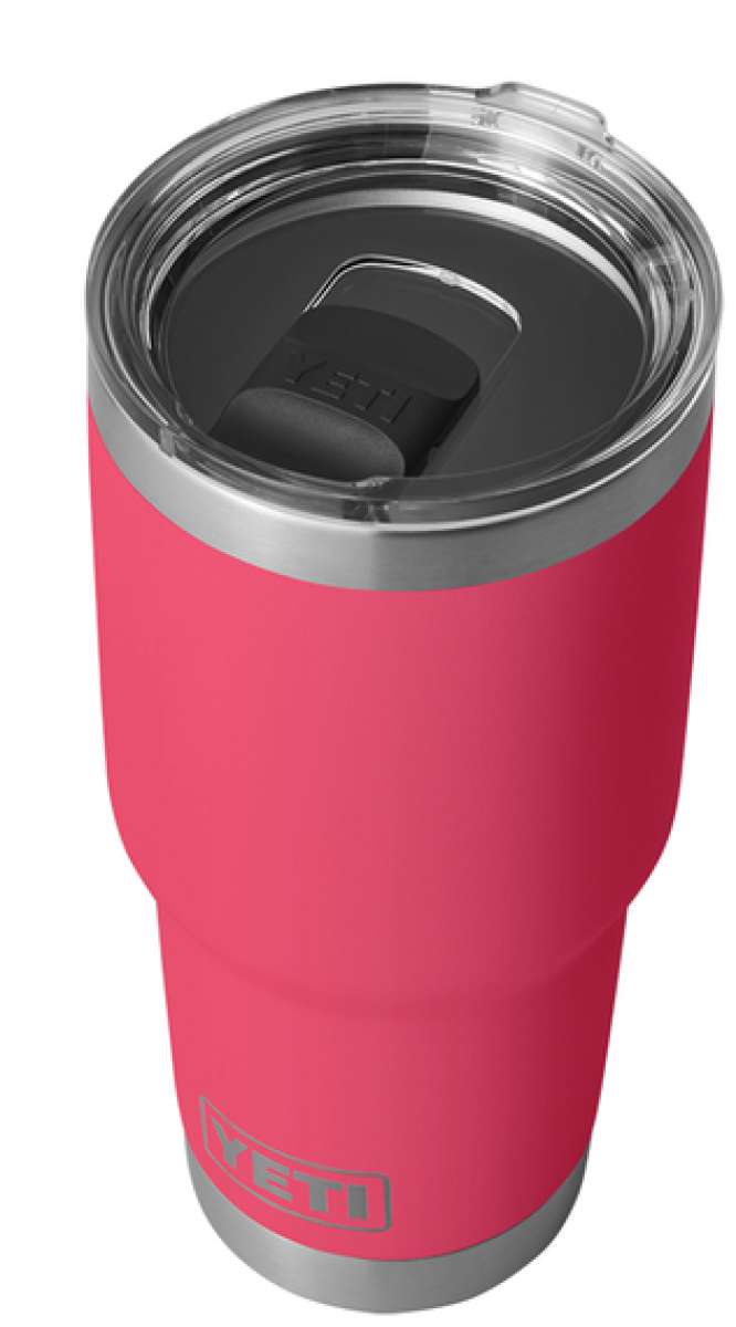 Yeti Rambler 30 oz. Tumbler with Magslider Lid - A stainless steel tumbler with a clear lid and silver handle.