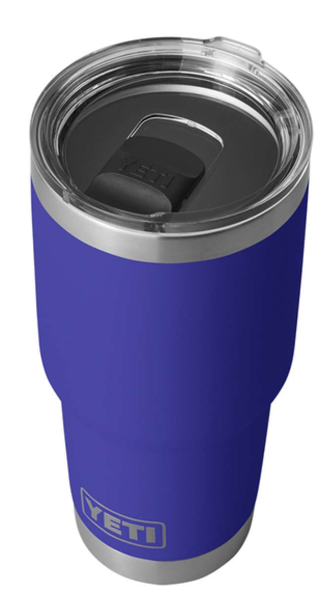 Yeti Rambler 30 oz. Tumbler with Magslider Lid - A stainless steel tumbler with a clear lid and a black MagSlider lid on top.