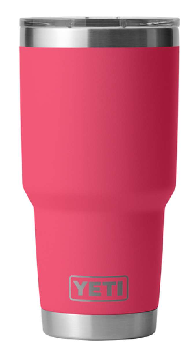 Yeti Rambler 30 oz. Tumbler with Magslider Lid - A stainless steel tumbler with a silver lid and a sliding closure mechanism.