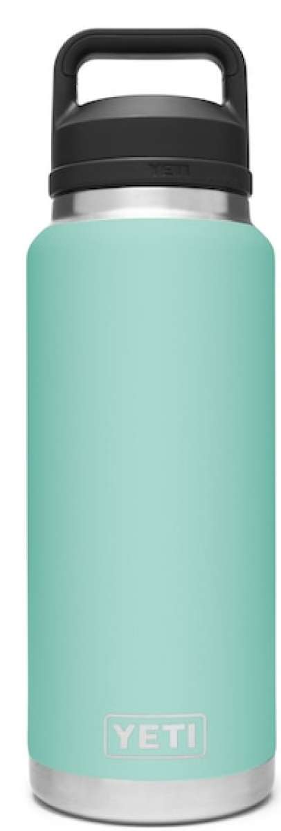 Yeti Rambler 36 oz. Bottle With Chug Cap - A stainless steel bottle with a black chug cap and handle on top.