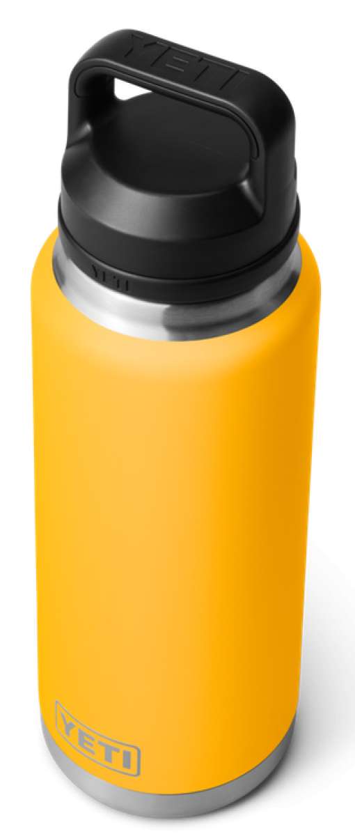 Yeti Rambler 36 oz. Bottle With Chug Cap - A stainless steel bottle with a black chug cap and handle, featuring a silver base.