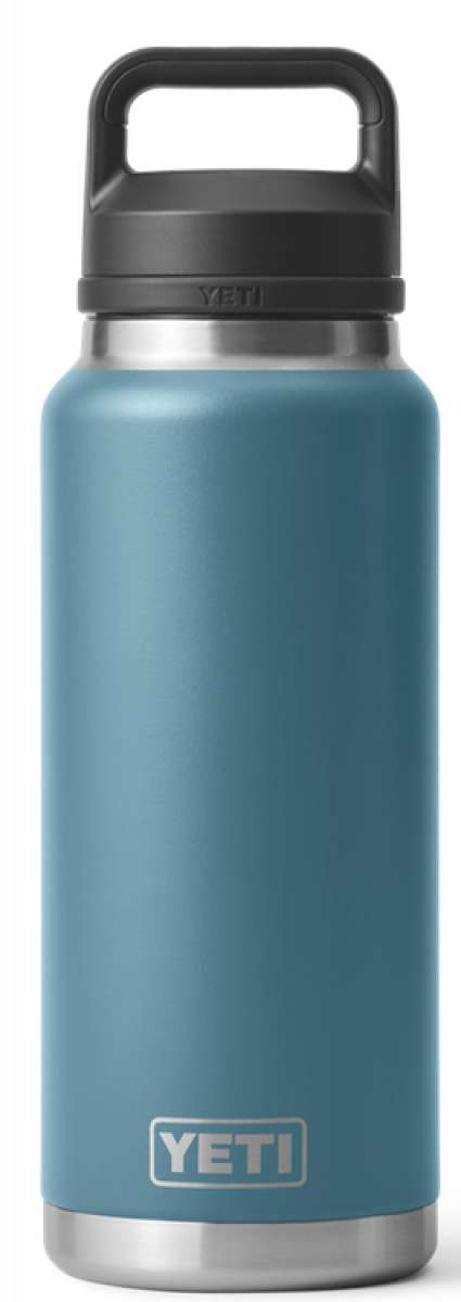 Yeti Rambler 36 oz. Bottle With Chug Cap - A stainless steel bottle with a black chug cap and handle on top.