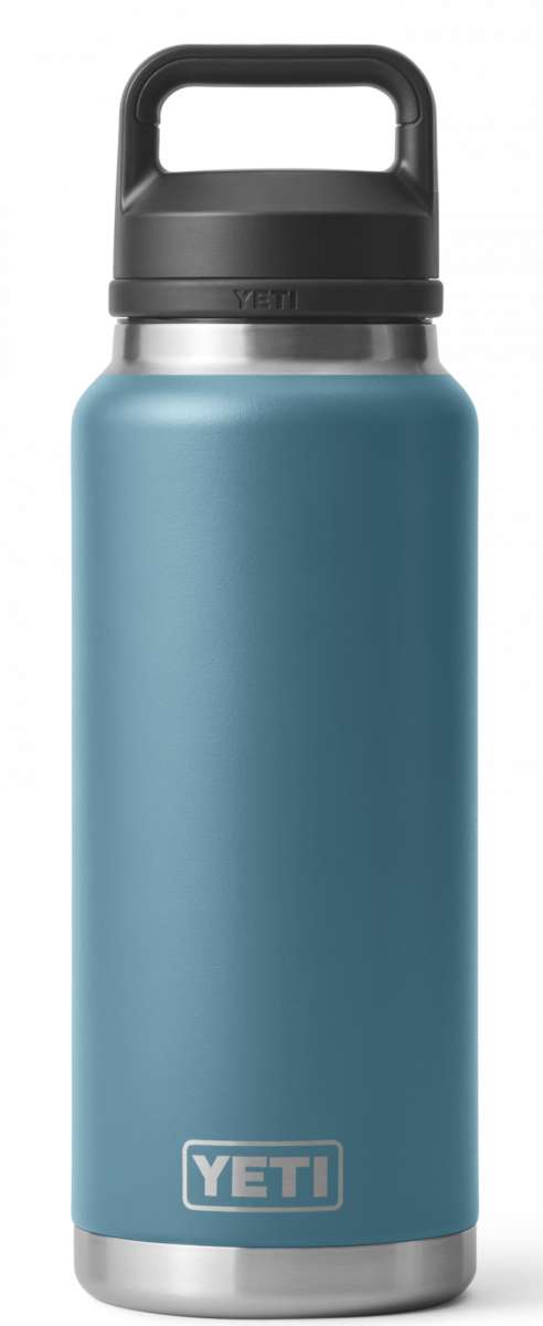 Yeti Rambler 36 oz. Bottle With Chug Cap - A stainless steel bottle with a black chug cap and handle on top.