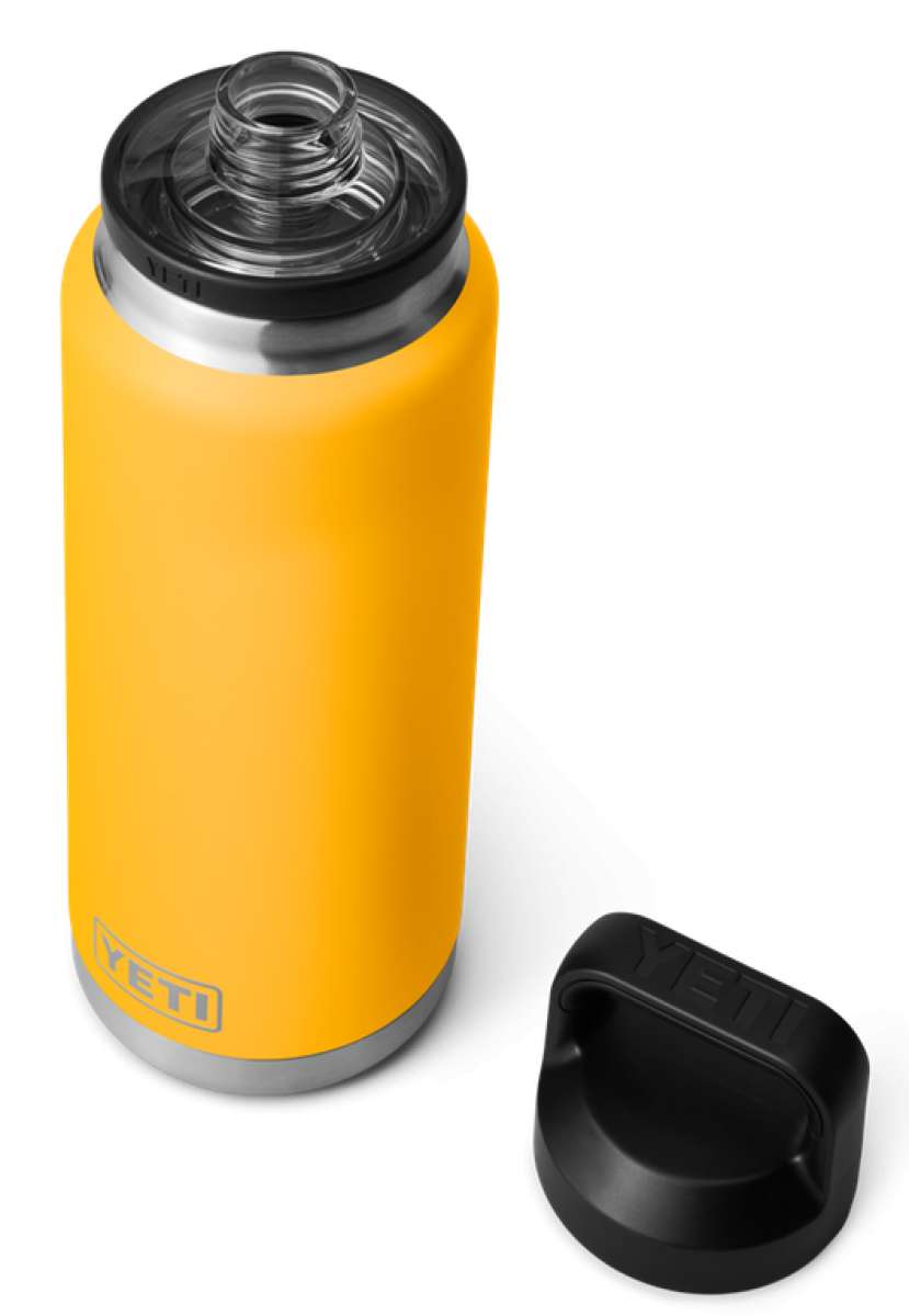 Yeti Rambler 36 oz. Bottle With Chug Cap - A stainless steel water bottle with a screw-on lid and chug cap, featuring a silver color and a cylindrical shape.