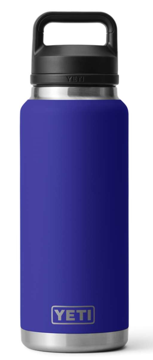 Yeti Rambler 36 oz. Bottle With Chug Cap - A stainless steel bottle with a black chug cap and handle on top.