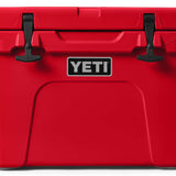 Yeti Tundra 35 Hard Cooler - A red cooler with a black handle on top and two latches in front.