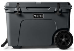 Yeti Tundra Haul Wheeled Cooler - A large, dark gray cooler with a handle and wheels on the bottom.