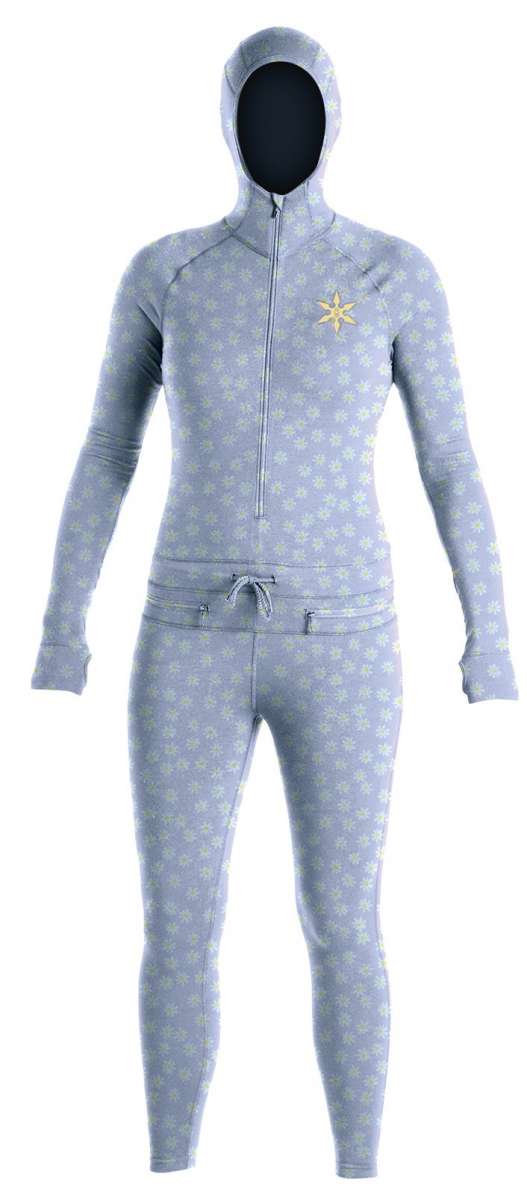 Airblaster Women's Classic Ninja Suit 2022 - A light blue snowsuit with a subtle floral pattern and a gold star on the chest.