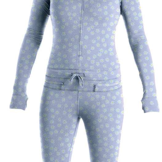 Airblaster Women's Classic Ninja Suit 2022 - A light blue snowsuit with a subtle floral pattern and a gold star on the chest.