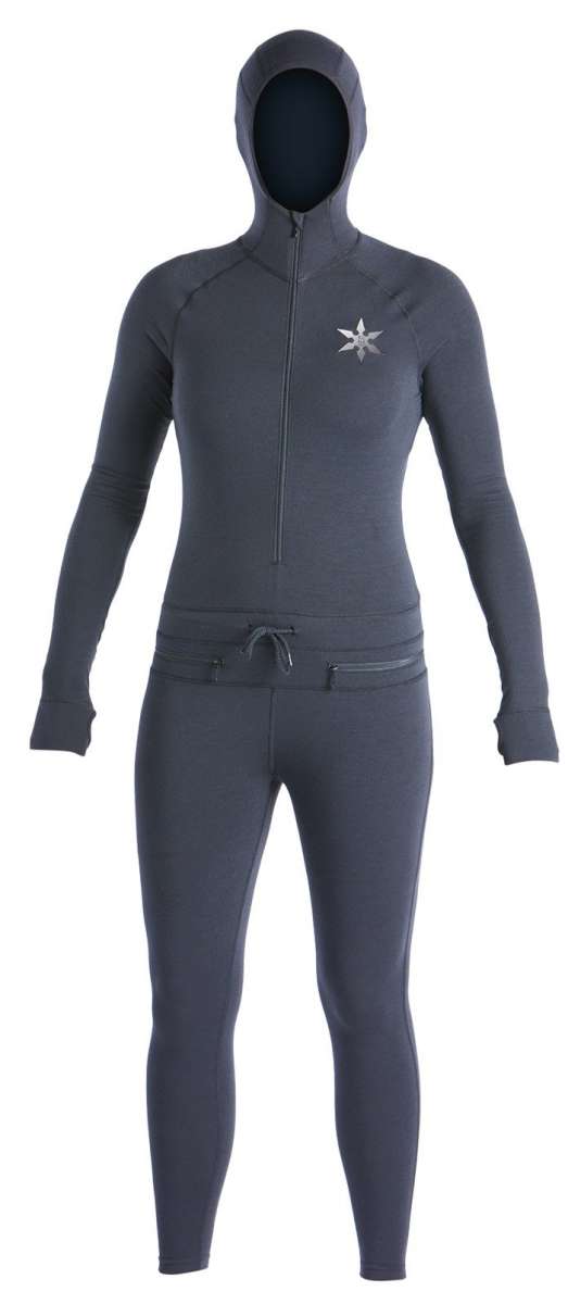 Airblaster Women's Classic Ninja Suit 2022 - A dark gray women's full-body suit with a hood and zipper down the front.