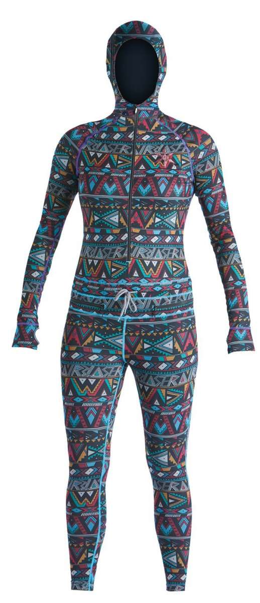 Airblaster Women's Classic Ninja Suit 2022 - Black ninja suit with a geometric pattern of triangles and lines in shades of red, blue, yellow, white, and gray.