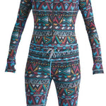 Airblaster Women's Classic Ninja Suit 2022 - Black ninja suit with a geometric pattern of triangles and lines in shades of red, blue, yellow, white, and gray.