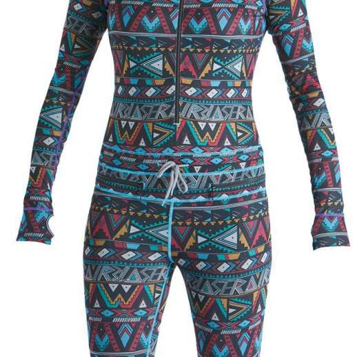 Airblaster Women's Classic Ninja Suit 2022 - Black ninja suit with a geometric pattern of triangles and lines in shades of red, blue, yellow, white, and gray.