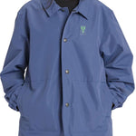 Airblaster Bruiser Shell Jacket 2024 - A blue jacket with a green logo on the left chest and two pockets on either side of the front.