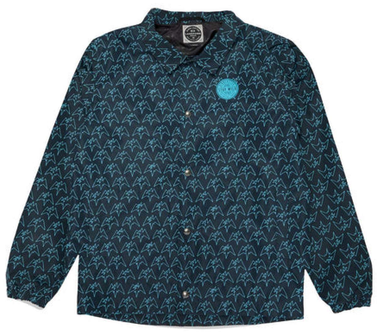 Airblaster Bruiser Shell Jacket 2024 - A black jacket with a repeating pattern of light blue snowboarders in action poses.