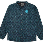 Airblaster Bruiser Shell Jacket 2024 - A black jacket with a repeating pattern of light blue snowboarders in action poses.