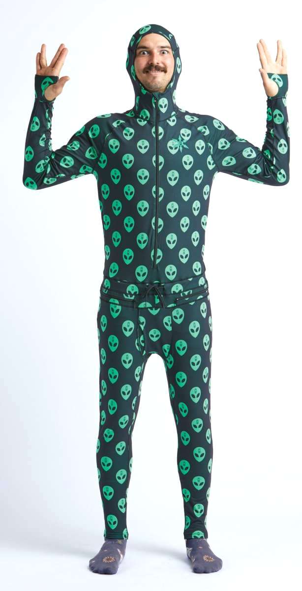 Airblaster Classic Ninja Suit 2022 - Black ninja suit with a repeating pattern of light green alien heads.