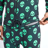 Airblaster Classic Ninja Suit 2022 - Black suit with green alien heads pattern.