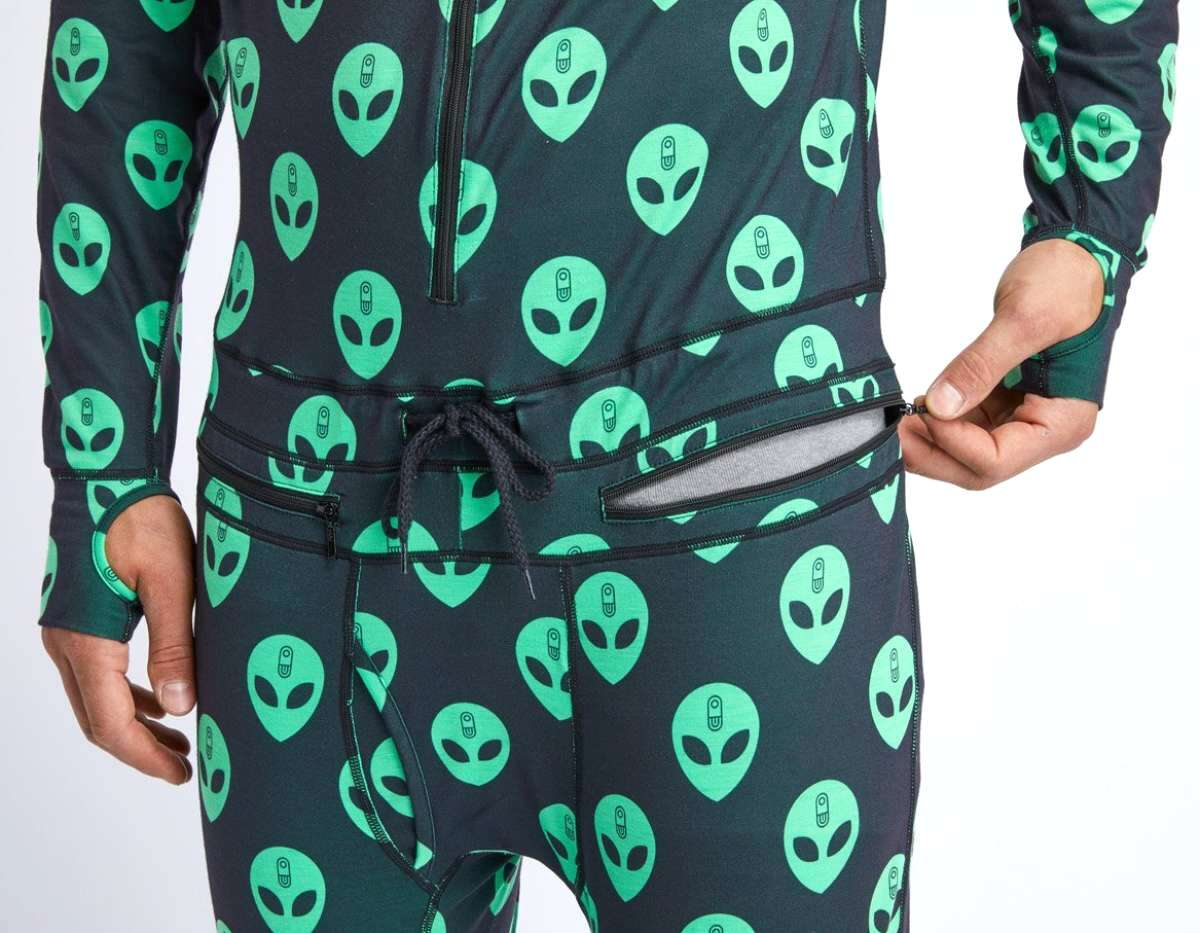 Airblaster Classic Ninja Suit 2022 - Black suit with green alien heads pattern.