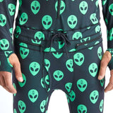 Airblaster Classic Ninja Suit 2022 - Black snowboard suit with green alien head pattern all over.