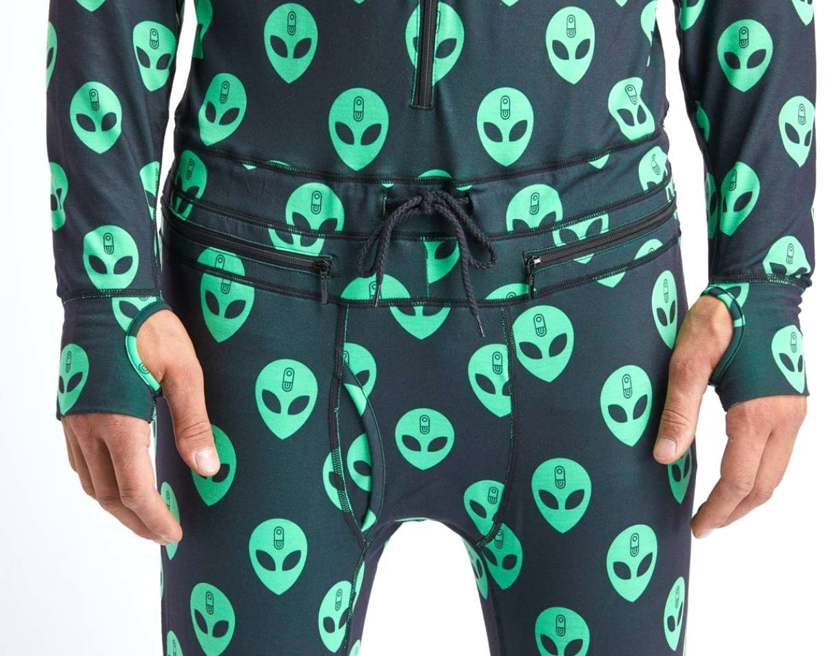 Airblaster Classic Ninja Suit 2022 - Black snowboard suit with green alien head pattern all over.