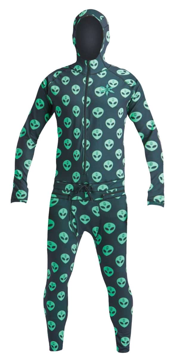 Airblaster Classic Ninja Suit 2022 - Black suit with green alien faces all over.
