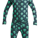 Airblaster Classic Ninja Suit 2022 - Black suit with green alien faces all over.