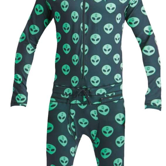 Airblaster Classic Ninja Suit 2022 - Black suit with green alien faces all over.