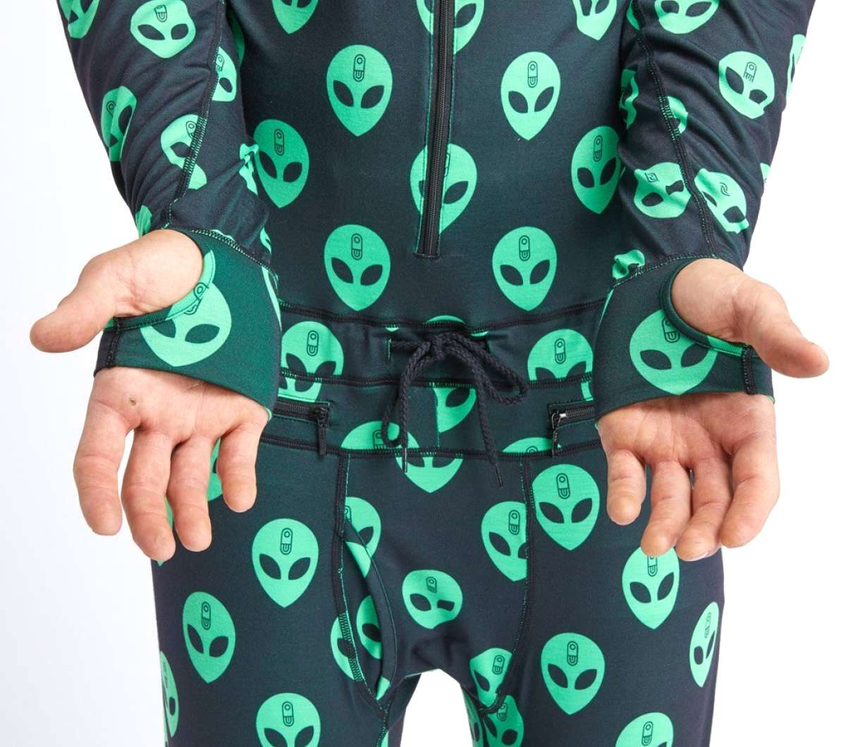 Airblaster Classic Ninja Suit 2022 - Black onesie with green alien faces all over.