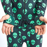 Airblaster Classic Ninja Suit 2022 - Black onesie with green alien faces all over.