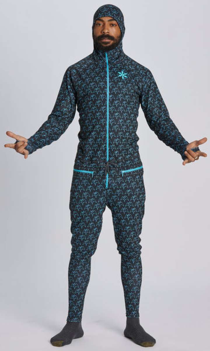 Airblaster Classic Ninja Suit 2024 - Black ninja suit with blue accents and a repeating pattern of ninjas in various poses.