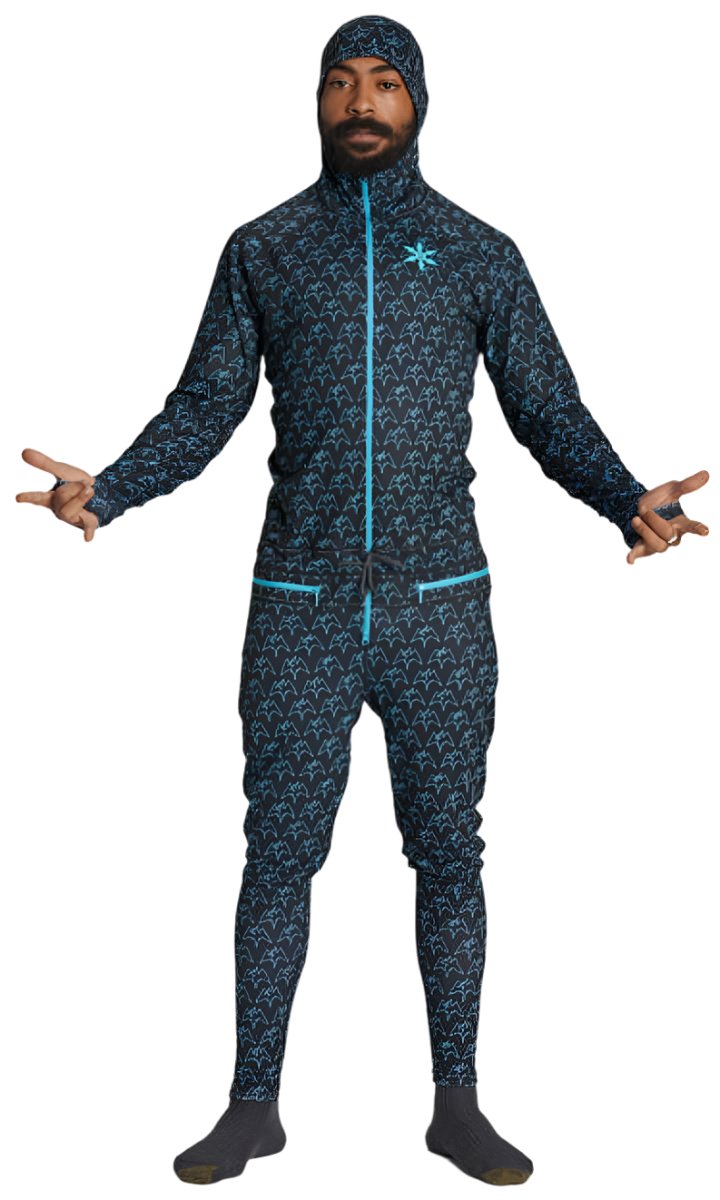 Airblaster Classic Ninja Suit 2024 - Black snowsuit with blue pattern and zipper down the front.