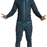 Airblaster Classic Ninja Suit 2024 - Black snowsuit with blue pattern and zipper down the front.