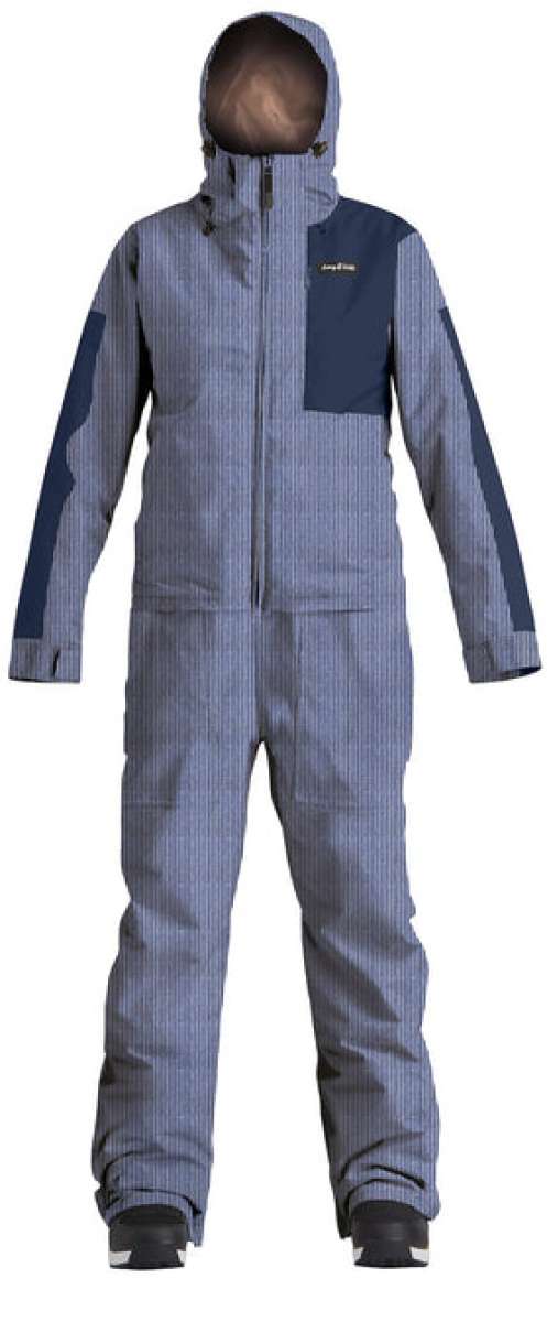 Airblaster Women's Freedom Insulated Suit 2024 - A gray and black snowsuit with a hood, featuring a zippered front and two side pockets.