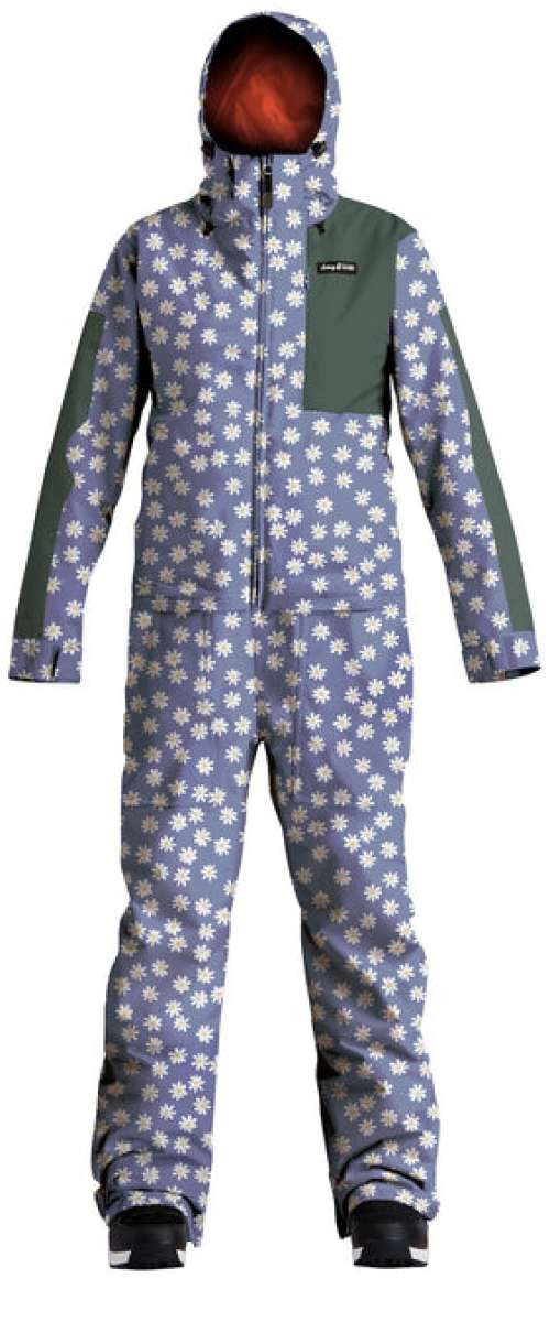 Airblaster Women's Freedom Insulated Suit 2024 - A blue snowsuit with a repeating pattern of white flowers and green accents, featuring a hood and black zippers.