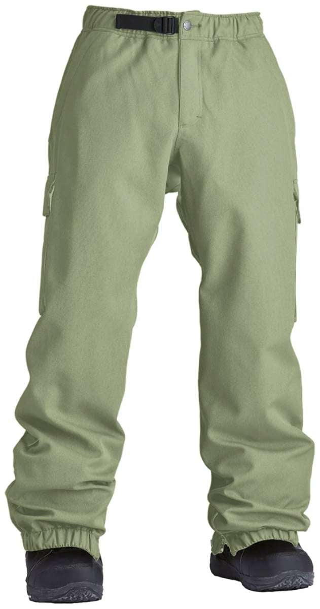 Airblaster Freedom Shell Boss Pants 2024 - Sage green pants with a black belt and silver snap button at the waist.