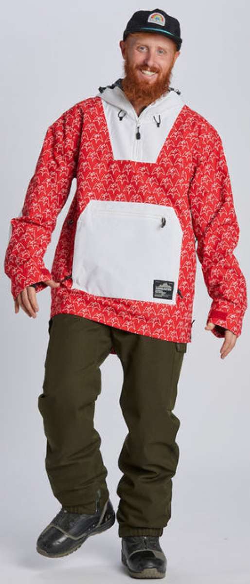 Airblaster Freedom Shell Pullover 2024 - A red pullover with a white zipper and black drawstrings.
